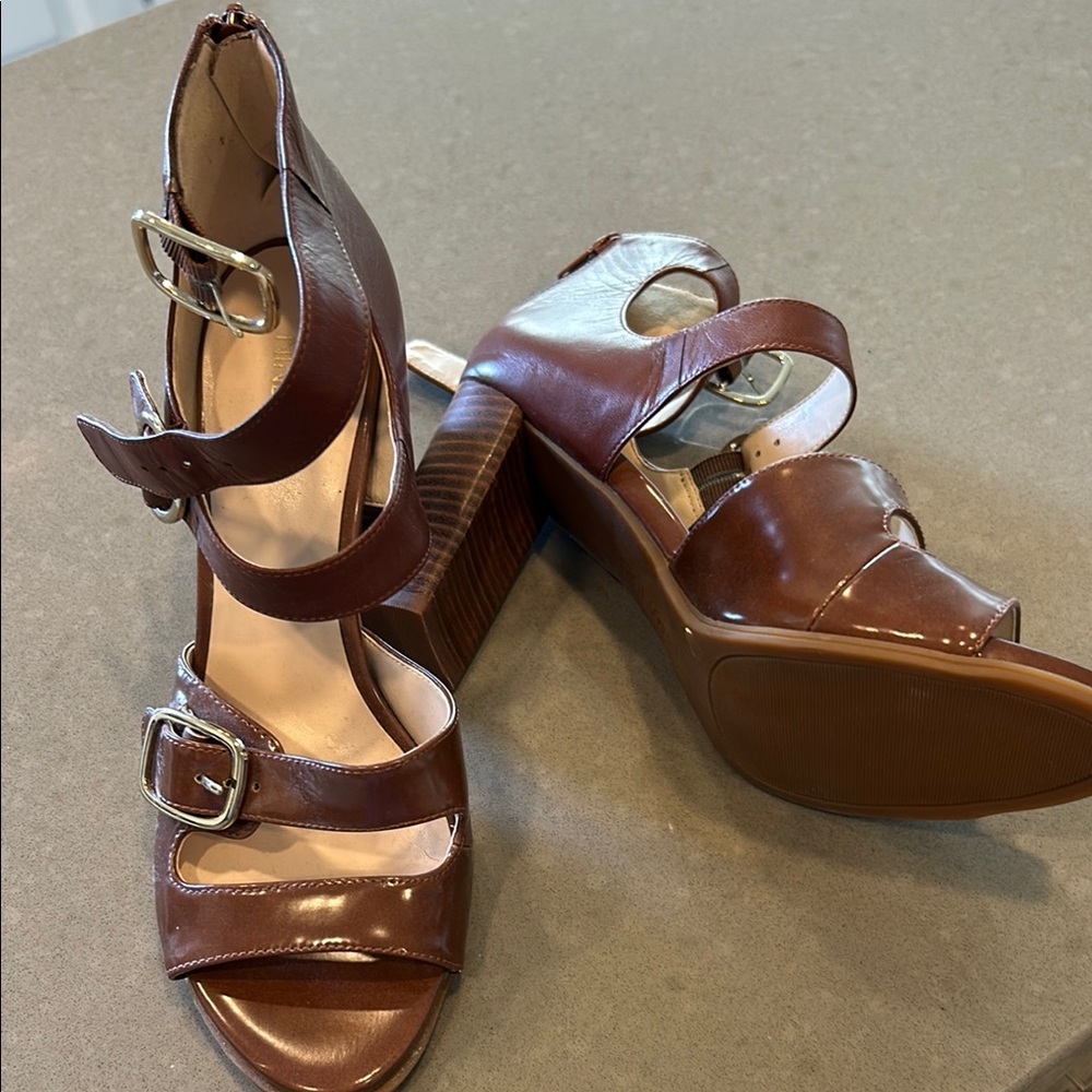 Nine West Brown Strappy Heels with Chunky Heel